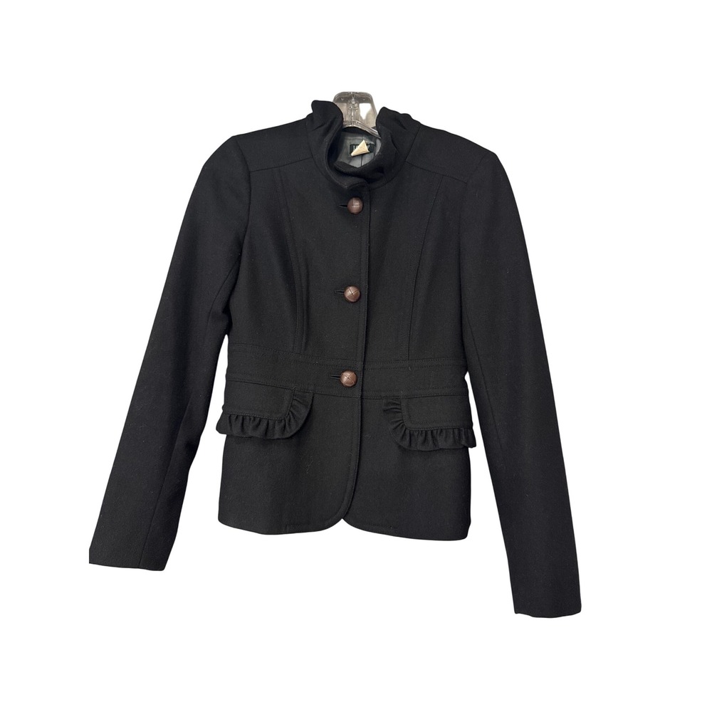 J. Crew Black Wool Blend Ruffle Trim Button Front Jacket Coat - Size 0